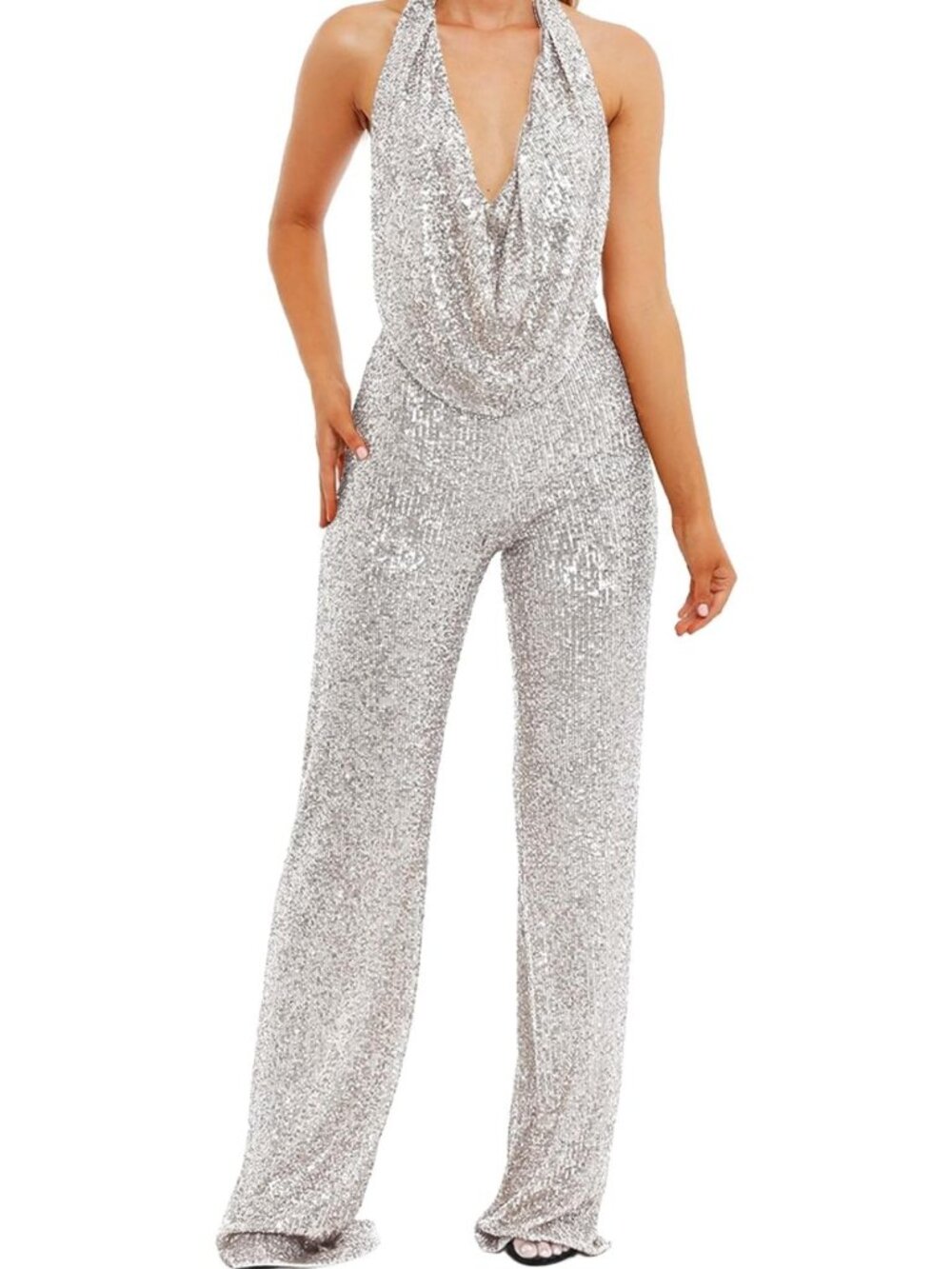 Sparkly Sequin Halter Neck Jumpsuit | Backless Glitter Overalls for Parties